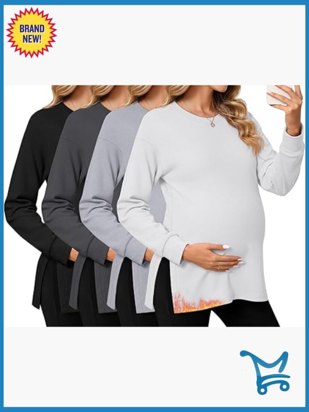 4 Pack Maternity Long Sleeve T-Shirts Crew Neck Split Side Tee Loose Fit
